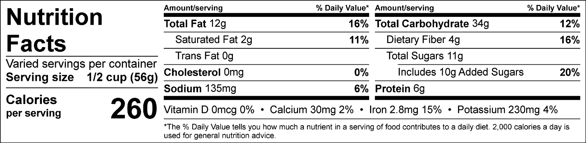 Dark Chocolate Sea Salt Granola Nutrition Label