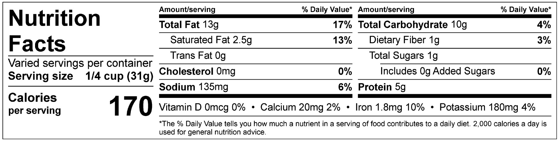 Nori Sesame Cashews Nutrition Label