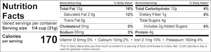 Turmeric Ginger Cashews Nutrition Label