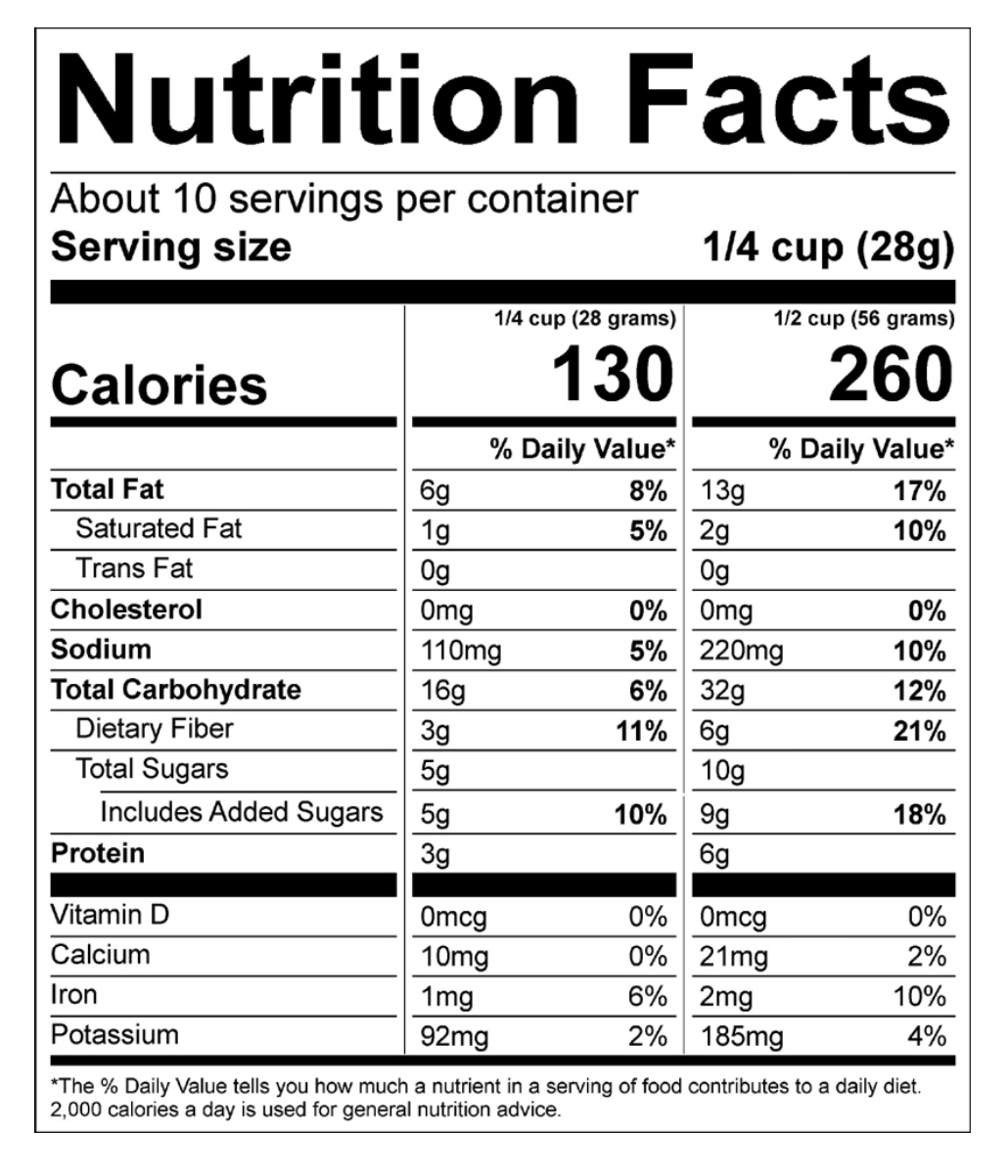 Peanut Butter Dark Chocolate Granola Nutrition Label