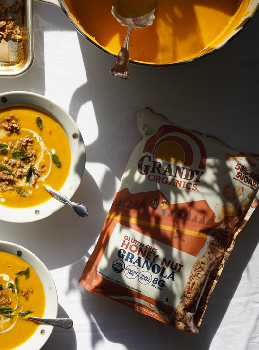 Harissa Maple Spice Pumpkin Soup with Granola Brittle