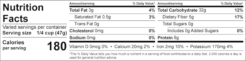 Steel Cut Oats Nutrition Label